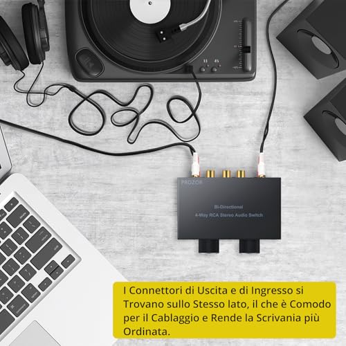PROZOR RCA Stereo Audio Switcher - 2 in 1 Out R/L Stereo Audio Switch, 1 in 2 Out Stereo Audio Switcher Selector with Mute Button and No External Power Required (Black 4-1) | Bi-directional switcher, gold-plated interface, Includes 1.5m/4.9ft RCA cable fo