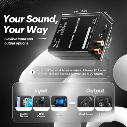 TNP Portable 3.5mm Headphone Amplifier with RCA Input, Volume Control | Inline Headphone Amp with 3.5mm and 6.35mm Outputs, 5V Power Adapter, and Analog Knob for Pc and Home Audio