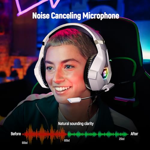 Ozeino Gaming Headset for PC, Ps4, Ps5, Xbox Headset with 7.1 Surround Sound Gaming Headphones with Noise Canceling Mic, LED Light Over Ear Headphones for Switch, Xbox Series X/S, Laptop, Mobile White - color: White