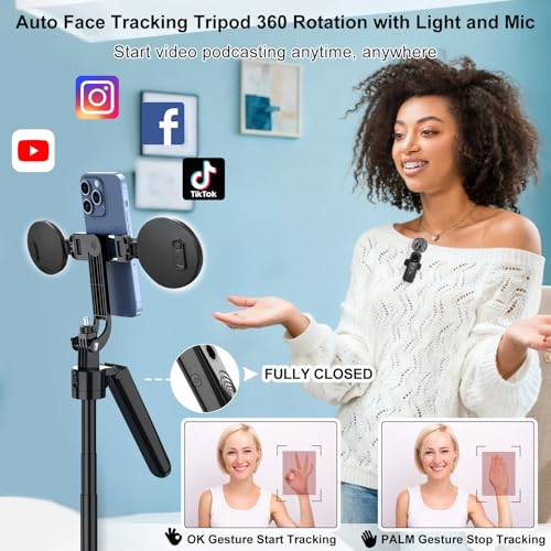 Content Creator Vlogging Kit for iPhone/Android,70-inch Auto Face Tracking Tripod for iPhone with Light and Wireless Microphones,TikTok/YouTube Starter Kit - color: Black-LM