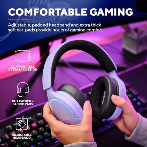 Trust Gaming GXT 490P Fayzo USB Gaming Headset 7.1 Surround Sound, 50mm Drivers, 35% Recycled Plastics, RGB Over-Ear Wired Headphones, with Noise Cancelling Microphone for PC PS5 - Purple - color: Purple, style: USB 7.1 Surround Sound