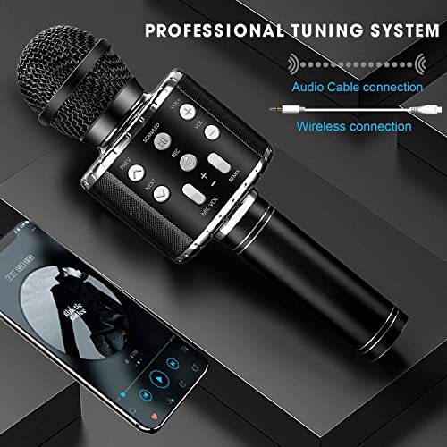 ShinePick Karaoke Microphone, 4 in 1 Wireless Microphone with LED Lights Handheld Portable Karaoke Machine, Home KTV Player, Compatible with Android & iOS Devices(Black) - color: black