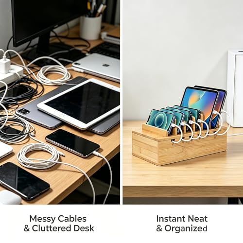Bamboo Charging Station Organizer, Multi-Device Charging Dock with Cable Management, Phone Tablet Stand for Home Office, 5-Port USB Charger & 6 Cables Included