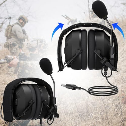 Real Noise Cancelling Reduction Earmuffs Headset, NRR 26dB,Boom Mic,U94 PTT,Two Way Radio ANR Earpiece Tactical Airsoft Headphone for Midland GXT,LXT,gmrs,x tra,G-series Walkie Talkie (Wired,Black)