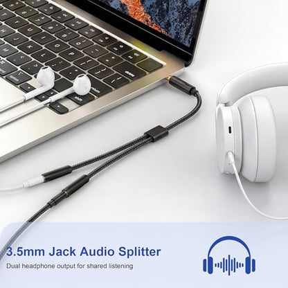 2 Pcs 3.5mm Headphone Splitter, Hi-Fi Stereo Audio Y Splitter 1 Male to 2 Female, Nylon Braided Headphone Extension Cable Compatible with Phone, Tablet, Laptop, PS4, Switch