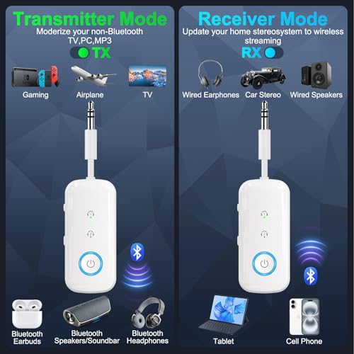 Premium Pro Bluetooth 5.4 Transmitter Receiver,Airplane Audio Adapter,Wireless Transmitter for TV/Travel Flight,Airline,Gym.Compatible with 2 AirPods/Headphones,Bluetooth Receiver for Car/Home Stereo - color: White