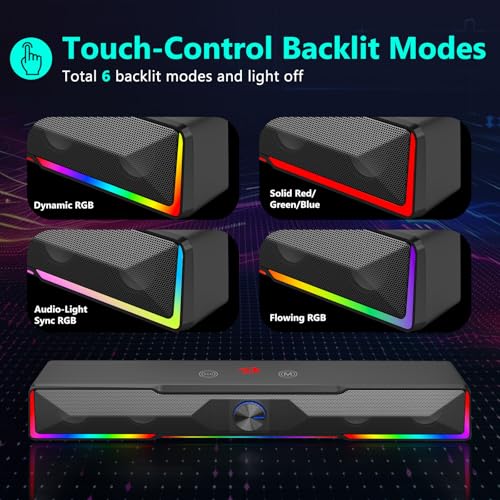 Redragon Computer Speaker, Bluetooth/USB Wired Dual Connection Soundbar | Clear Stereo Sound with Audio-Light Sync RGB Backlit, Volume Knob, USB Powered for PC/TV/Tablet, Black