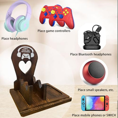 Wooden Headset Stand with Controller Holder - Multi-Functional Gaming Organizer for Desk, Detachable Design w/Phone Slot - Perfect Gamer Gift for Men, Dad, Graduation