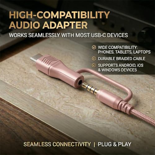 Wired Over-Ear Headphones, Mic, 3.5mm Jack, USB-C Adapter, Gold | Foldable over-ear headphones with soft cushions, inline mic, 3.5mm jack, and USB-C adapter for school, office, and travel. - color: Gold