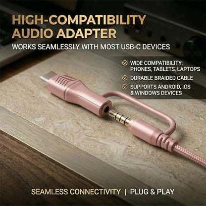 Wired Over-Ear Headphones, Mic, 3.5mm Jack, USB-C Adapter, Gold | Foldable over-ear headphones with soft cushions, inline mic, 3.5mm jack, and USB-C adapter for school, office, and travel. - color: Gold