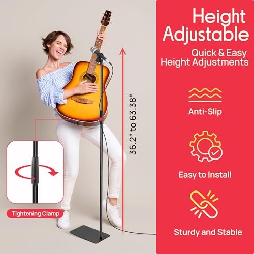 Pyle Square Base Microphone Stand with Mic Clip - Heavy Duty, Height Adjustable, 36.2" to 63.38'', Solid Die-Cast Base, Studio & Concert Use, Universal 5/8'' Adapter, Cable Clip Included - style: Glossy black finish