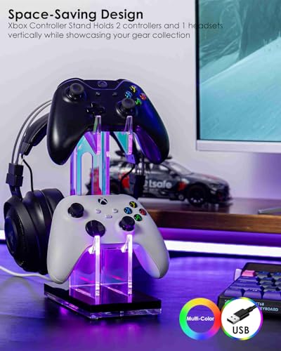 OAPRIRE Headset and Controller Stand with Lights, 2 Tier Acrylic Game Controller Holder, Controller and Headset Stand for Desktop,Universal Design Compatible with PS5/PS4/XBOX/SWITCH (Black) - color: Black, size: 2 Tier-Lights