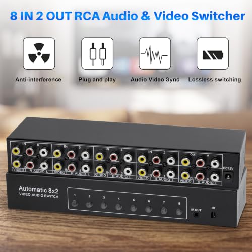8-Way Composite AV RCA Switcher, 8 in 2 Out Automatic Switch Box | Video L/R Audio Selector 8x2 8 Port AV Selector RCA Switch for HDTV LCD DVD STB Game Consoles (8 in 2 Out) - size: 8 IN 2 OUT