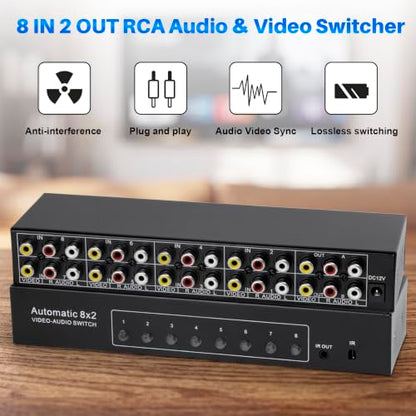 8-Way Composite AV RCA Switcher, 8 in 2 Out Automatic Switch Box | Video L/R Audio Selector 8x2 8 Port AV Selector RCA Switch for HDTV LCD DVD STB Game Consoles (8 in 2 Out) - size: 8 IN 2 OUT