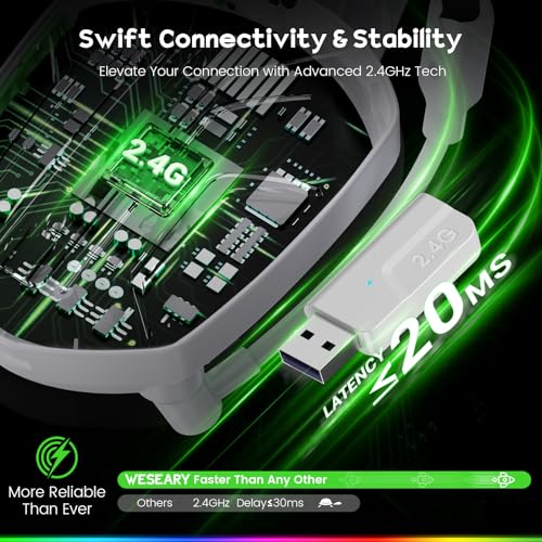 WESEARY Wireless Gaming Headset for PC, PS5, PS4, Switch, Mac, 2.4GHz Wireless Gaming Headphones with ENC Noise Canceling Microphone, Bluetooth 5.4, Cool Lighting, 50H Battery, 50mm Drivers