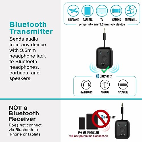 MEE audio Connect Air in-Flight Bluetooth Wireless Audio Transmitter with 2-Pack Airplane Adapter, for up to 2 AirPods/Other Headphones; Works with All 3.5mm AUX Jacks, Black - color: Black