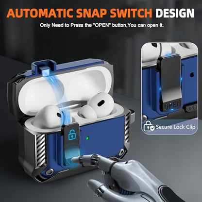 for AirPods Pro 1st/2nd Case with Lock & Phone Stand(Blue) | Automatic Snap Switch Lock,Carbon Fiber Texture Design Cover with Cleaner Kit - color: BB-Blue