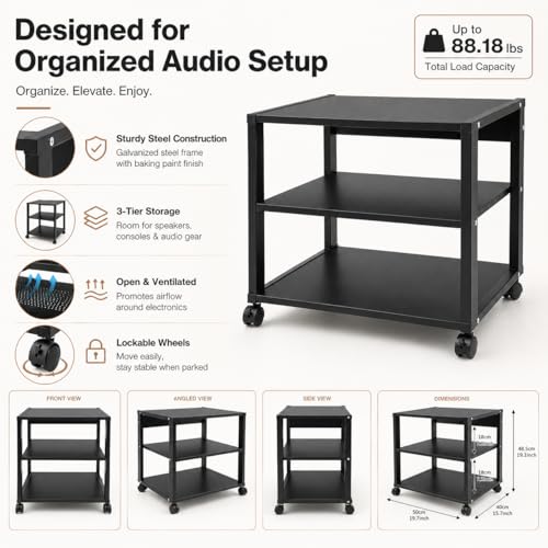 3-Tier AV Media Stand, Audio-Video Media Stand with Wheels, Corner Shelf for Record Player Audio Rack Tower for Speakers & Multimedia Equipment