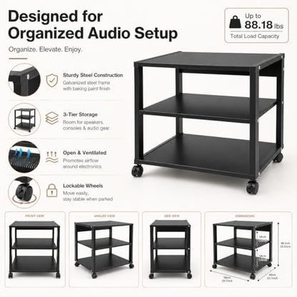 3-Tier AV Media Stand, Audio-Video Media Stand with Wheels, Corner Shelf for Record Player Audio Rack Tower for Speakers & Multimedia Equipment