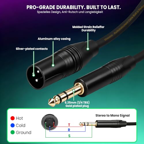 1/4 to XLR Cable 10 Feet - Balanced TRS to XLR Male Patch Cord - Heavy-Duty 6.35mm to XLR Male Audio Cable for Studio Monitors, Mixers, and Audio Interfaces (2 Pack)