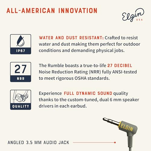 Elgin Rumble Wired Earplug Headphones with mic, in-Ear Earbuds | 3.5mm Jack, 27 dB NRR, IP67 Waterproof, OSHA Compliant, Noise Isolating, Hearing Protection, Work Safety - style: 3.5mm AUX