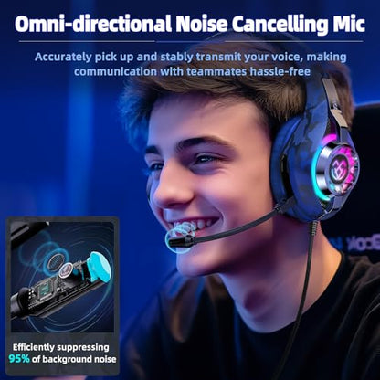 Tatybo Gaming Headset for PS5 PC, Noise Canceling Mic, RGB, Blue Camo | Over Ear, Deep Bass Stereo Sound for FPS, Battle Royale, Lightweight for Xbox, PS4, Mobile, Nintendo, 3.5mm Devices - color: Blue Camo