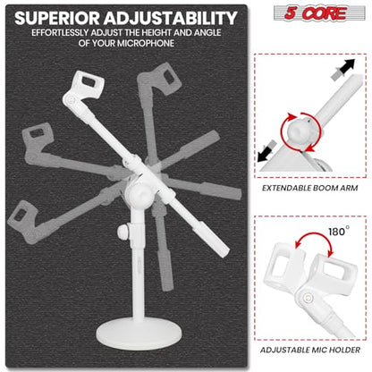 5 Core Desk Microphone Stand Adjustable Round Base with Boom Arm, 3/8'' and 5/8/'' Threaded Mount and Mic Holder for Kick Drums Guitar Amps White - MSSB W