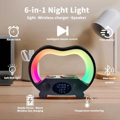 IHAO 6in1 Multi Functional Wireless Charger Bluetooth Speaker Time&Temperature Display Alarm Clock 7-Color LED Night Lights Fast Charger for Phone Apple Watch Earbuds Remote Control-Black - color: Wireless Charger Alarm Clock Zs932 Black