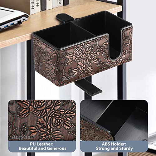 Under Desk Cup Holder Clamp on Cup Holder PU Leather Clip on Desk Organizer | Desk organizer with pencil holder clamp on side, under desk hanging organizer, clip on cup holder desk phone stand holder PU - color: Golden