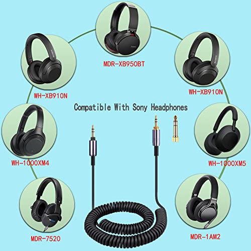 FAAEAL WH-1000XM4 Coiled Audio Cable Replacement for Sony WH-1000XM5 MDR-950BT WH-XB910N Audio-Technica ATH-M50xBT2 Headphones 3.5mm(1/8") Extension Wire with 6.35mm(1/4") Adapter 14ft - color: Black(4.2ft-14ft)
