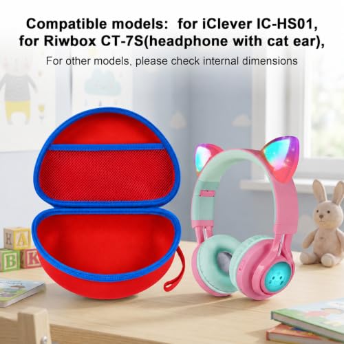 PAIYULE Kids Headphone Case for Riw,Box CT-7S/CT-7, for iClever IC-HS01 | Headphone case for kids, hard EVA shell, mesh pocket, fits cat-ear over-ear models, red, school and travel, box only, Red - color: Red