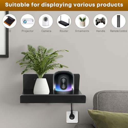 Floating Wall Shelves Set of 2, 12-Inch Solid Wood Shelves with Cable Holes, Small Display Shelf for Router, Webcam, Smart Speaker, Camera – Black - color: Black, size: 12 Inch-2 Pcs
