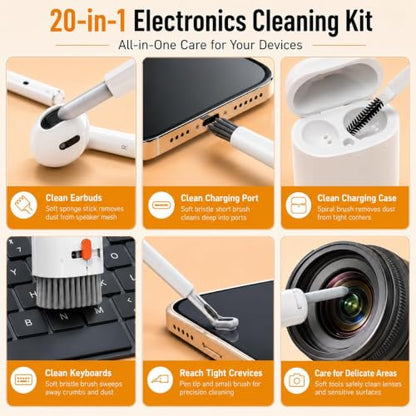 Keyboard Cleaning Kit, 20 in 1 Electronics Cleaning Kit with Retractable Brush and 2.5ml Mist Spray, Multi-Tool for iPhone, AirPods, MacBook, iPad, Headphones, Camera Lens, Computer, Monitor and TV