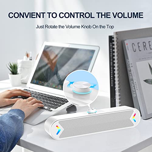 LENRUE Computer Speakers,PC Speakers for Desktop,Wired USB-Powered Sound-bar for Computer with 10W Stereo Sound and Colorful Light,Plug-n-Play (White-AUX) - color: AUX-White