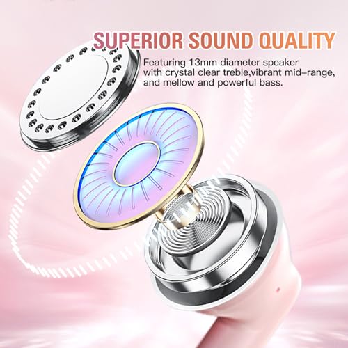 Xmenha True Wireless Earbuds Bluetooth 5.3 with Microphone for Working Out Noise Canceling Blue Tooth Ear Buds Deep Bass TWS Wireless Earphones with Charging Case in Ear Headphone for iPhone Android - color: Pink