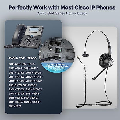 MKJ Cisco Phone Headset Corded RJ9 Telephone Headset Noise Canceling Mic | Microphone Headphone, Compatible with Cisco CP-7821 7841 7942G 7940 7941G 7945G 7962G 7965G 7975G 8811 8841 8861 9951 9971