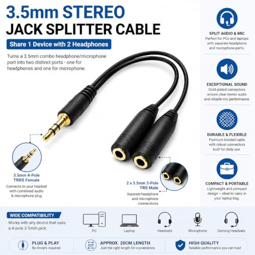 Master Cables 3.5mm Stereo Jack Headphone & Microphone Splitter Cable, 20cm, 1 Female to 2 Male AUX Adapter, Gold Plated, Audio Cable for PC, Laptop, Gaming Headsets