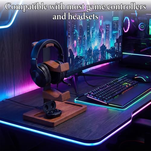 Wooden Headphone and Controller Stand, Wood Controller Stand | Brown Game Controller Holder Durable Headphone Stand with Controller Holder and Storage Base for Game Lover, Game Room Decor