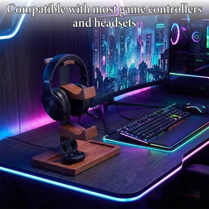 Wooden Headphone and Controller Stand, Wood Controller Stand | Brown Game Controller Holder Durable Headphone Stand with Controller Holder and Storage Base for Game Lover, Game Room Decor