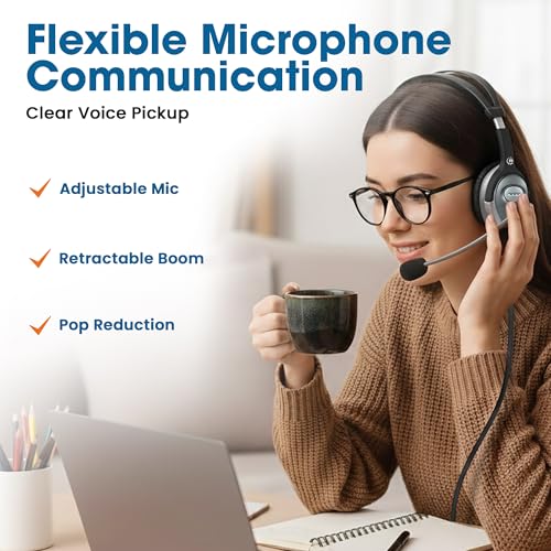 MANHATTAN Wired Stereo Headset with Mic, 3.5 mm Plug, 8 ft Cable | Over-ear fit with padded earcups, adjustable band and boom, pop-noise reduction, 32-ohm audio for calls and gaming