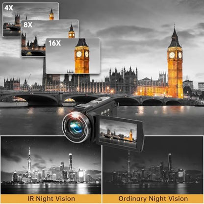 Video Camera Camcorder Full HD 1080P 36MP 16x Zoom for YouTube | Vlog camera with 270° rotatable screen, stereo microphone, dual battery included.