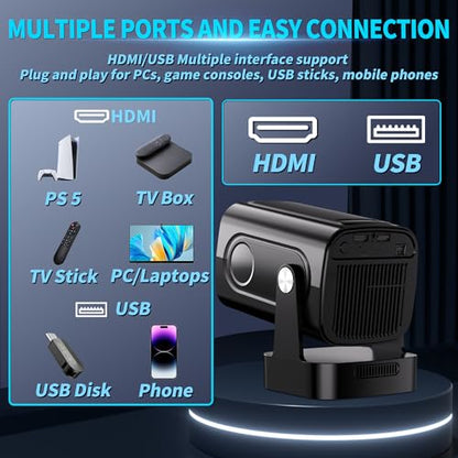 Projector [Auto Focus & Native 1080P & Built-in Apps] Mini Portable Projector 1080P, 4K Full HD with WiFi 6 & Bluetooth 5.4, Auto Focus & Keystone, 270° Rotatable, Compatible with Phone/HDMI/USB,Black - color: Obsidian Black