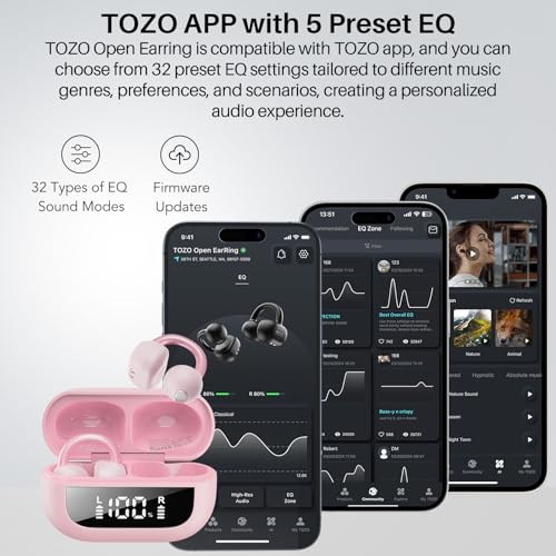 TOZO OpenEarRing Open Ear Earbuds 40H Bluetooth 5.4 Lightweight Comfort | Open Ear Clip On Wireless Earbuds with Smart Digital LED Display, Stable Connection, Secure Fit for Driving Workout Rose Gold - color: Rose Gold