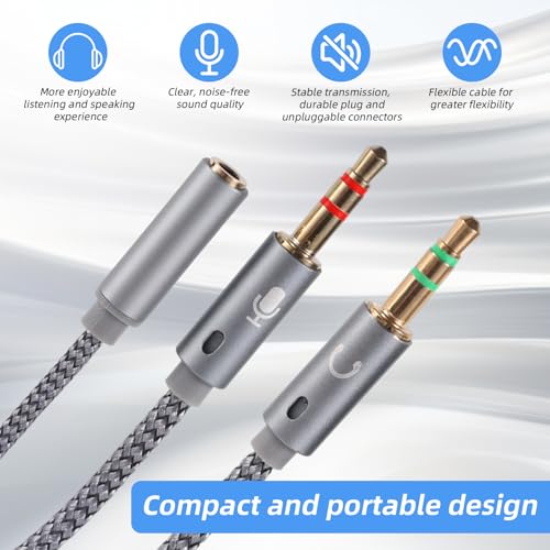 2pcs 2-in-1 Headphone & Microphone Splitter Cable, 3.5mm/0.14in Female to Dual 3.5mm/0.14in Male Audio Adapter Y-Splitter for Gaming Headset PC Laptop Computer Speaker (Gray)