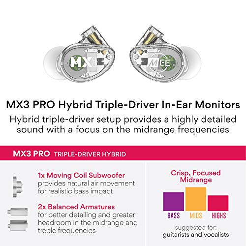 MEE audio Professional MX3 PRO Triple-Driver Hybrid Musician's in Ear Monitor Headphones with Enhanced Midrange and Warm Tonality, Noise Isolating Earphones with Detachable Cables, Transparent - color: Clear, size: MX3 PRO
