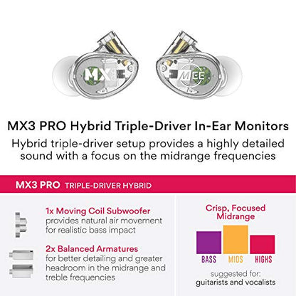 MEE audio Professional MX3 PRO Triple-Driver Hybrid Musician's in Ear Monitor Headphones with Enhanced Midrange and Warm Tonality, Noise Isolating Earphones with Detachable Cables, Transparent - color: Clear, size: MX3 PRO