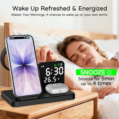 5 in 1 Wireless Charging Station with Alarm Clock Pen Holder, Fast Wireless Charger for iPhone 17/16/15/14/13/12/Pro/Max/Air, for iWatch & AirPods, Charger Stand with Temperature, Snooze Model Black - color: BLACK