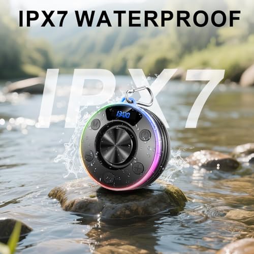 Speakers Bluetooth Wireless, Shower Speaker with Lights, IPX7 Waterproof Bluetooth Speakers with Suction Cup, Deep Bass, Built-in Mic, Digital Display, Portable Speakers Hook for Cycling Party Travel - color: Lake Blue