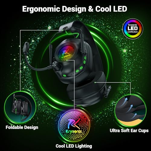 Krysenix Wireless Gaming Headset for Xbox Series,PC,PS5,PS4,Switch-Black | 50mm Drivers,2.4 GHz Wireless & Bluetooth 5.4 Gaming Headphones with Noise Canceling Microphone,RGB Lighting,1200mAh Battery - color: Black for XBOX