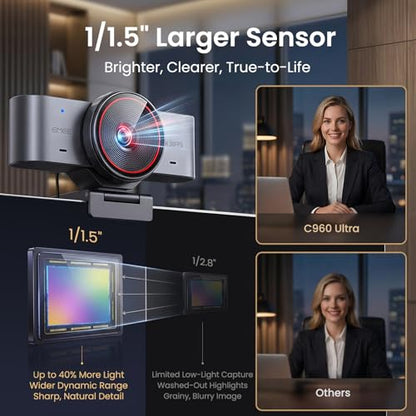 EMEET C960 Ultra 4K Webcam for Mac & PC, 1/1.5" Large Sensor, Metal Body | 0.2s Autofocus, DRC, Whiteboard Mode, Built-in Privacy Cover, 2 Mics, USB Webcam 4K for Meetings, Streaming, Content Creation - style: 4K Ultra